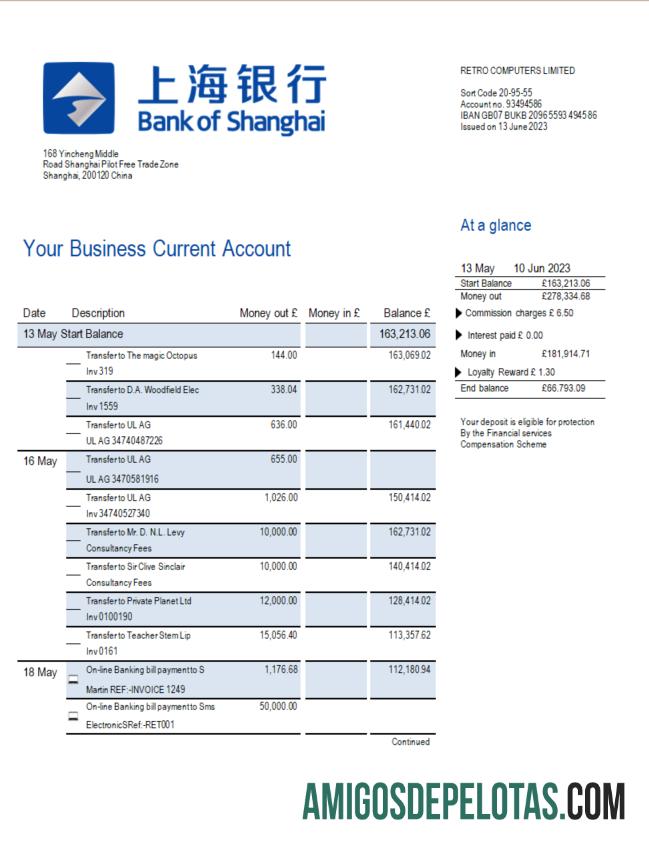 Modelo Word e PDF de extrato de conta firme do Realista Bank Of Shanghai